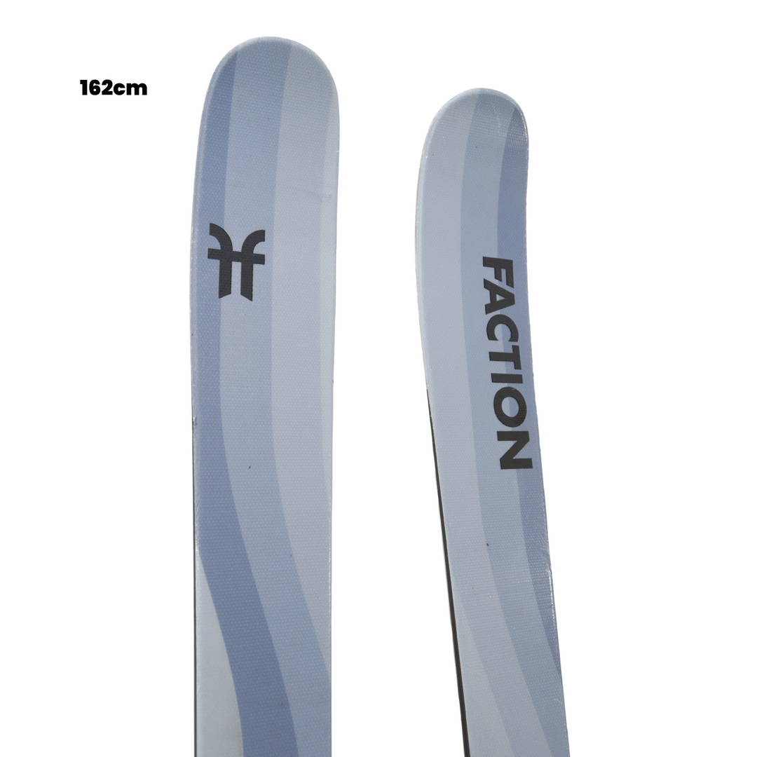 Two Faction skis with branding on a white background