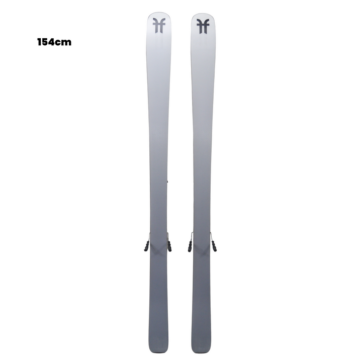 Pair of gray skis with a brand logo on a white background