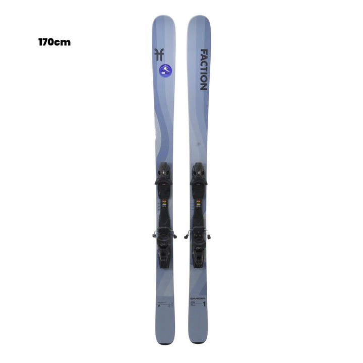 Pair of Faction skis with bindings on a white background, featuring the Utah Ski Gear logo.