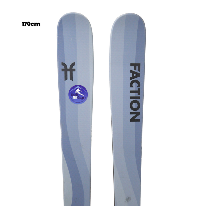 Two Faction skis with a visible brand logo on a white background