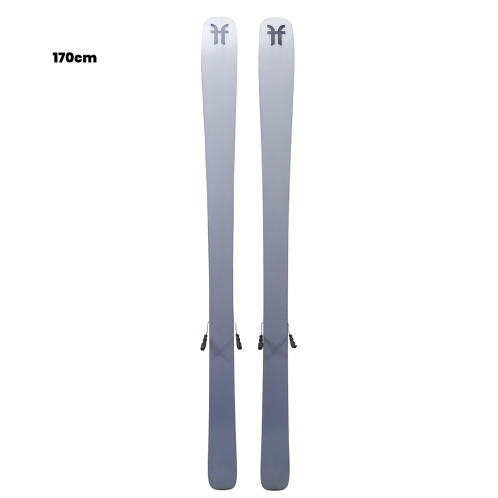Pair of gray skis with a logo on a white background