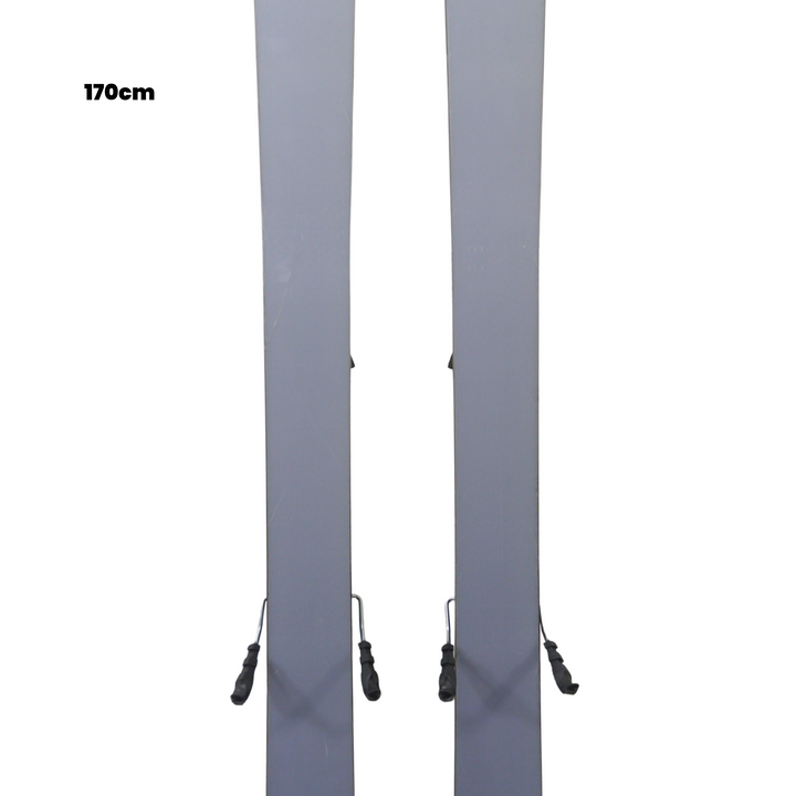 Pair of gray skis with bindings on a white background, featuring Utah Ski Gear logo.