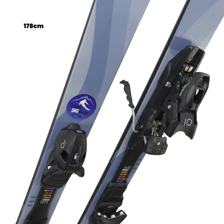 Pair of skis with bindings on a white background, featuring Utah Ski Gear branding.