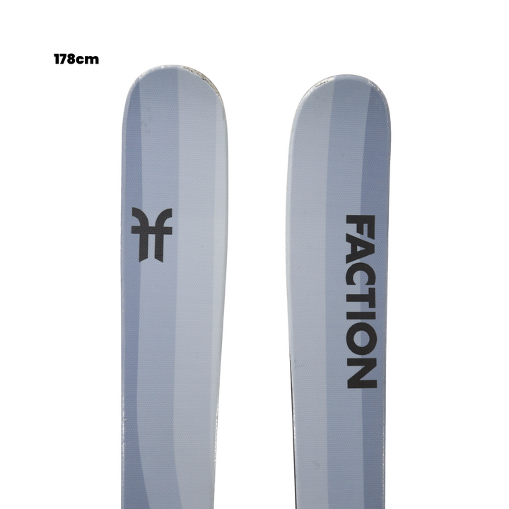 Two Faction skis with a visible brand logo on a white background
