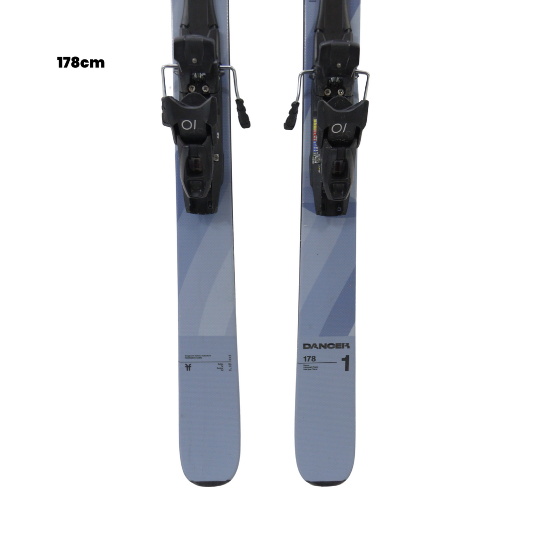Pair of blue skis with bindings on a white background, featuring 'Utah Ski Gear' branding.