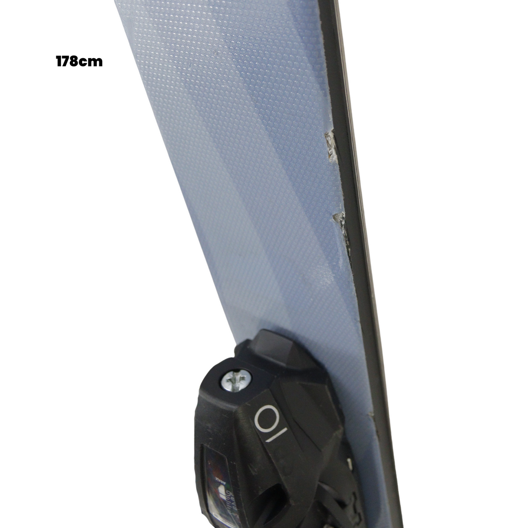 Close-up of a ski with a binding and 'Utah Ski Gear' logo on a white background