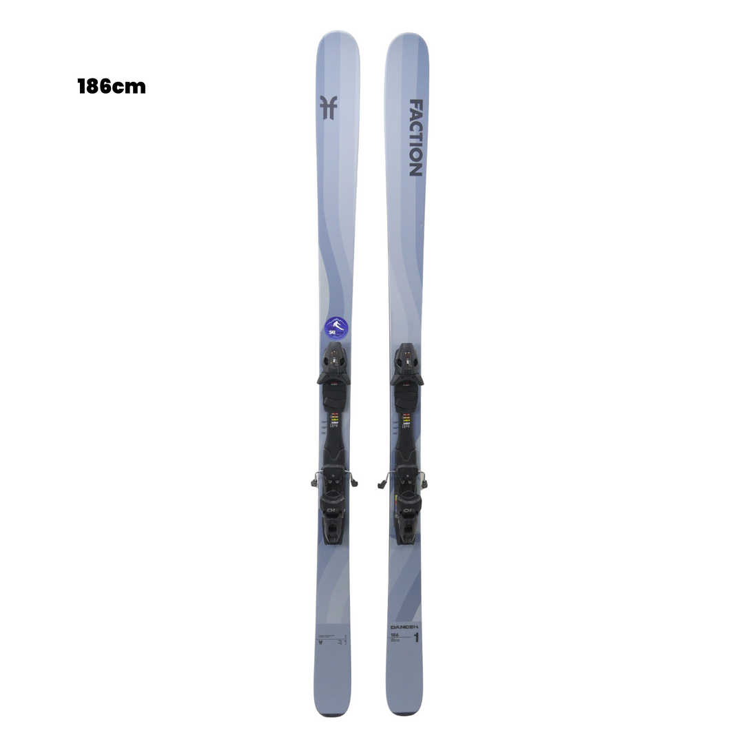 Pair of Faction skis with bindings on a white background, featuring Utah Ski Gear logo.