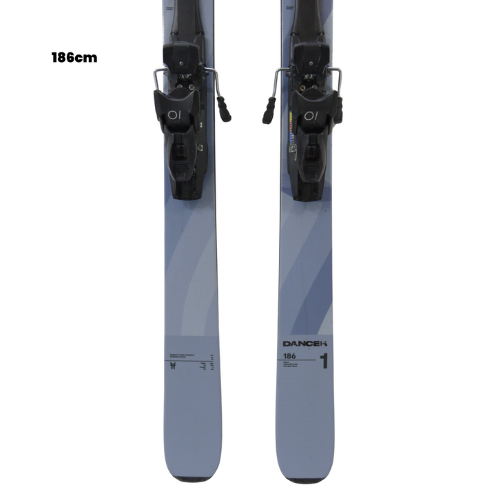 Pair of blue skis with bindings on a white background, featuring 'Utah Ski Gear' branding.