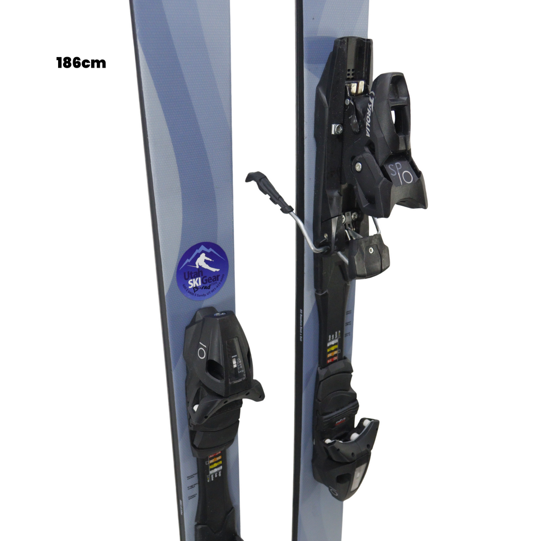 Pair of skis with bindings on a white background, featuring Utah Ski Gear logo.