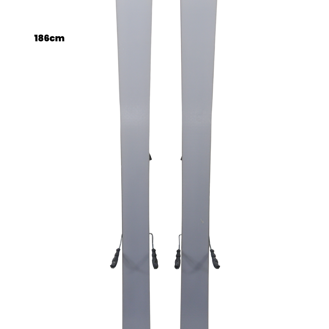 Gray skis with bindings on a white background, featuring the Utah Ski Gear logo.