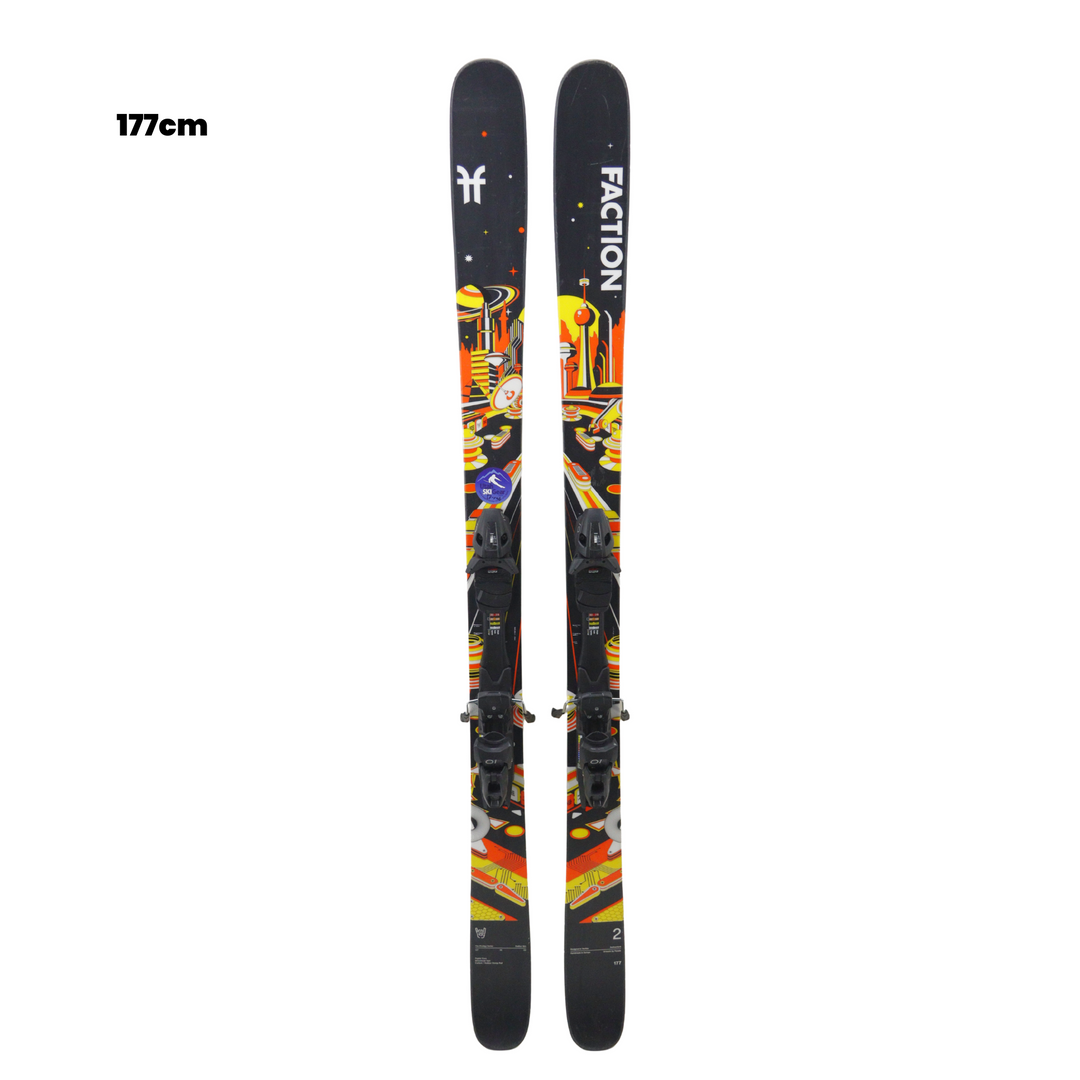 Pair of Faction skis with colorful design on a white background