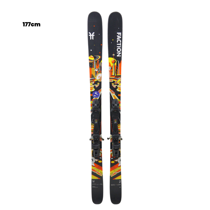 Pair of Faction skis with colorful design on a white background