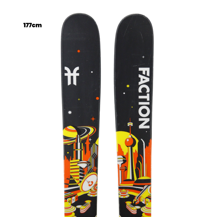 Two Faction skis with a colorful design on a white background