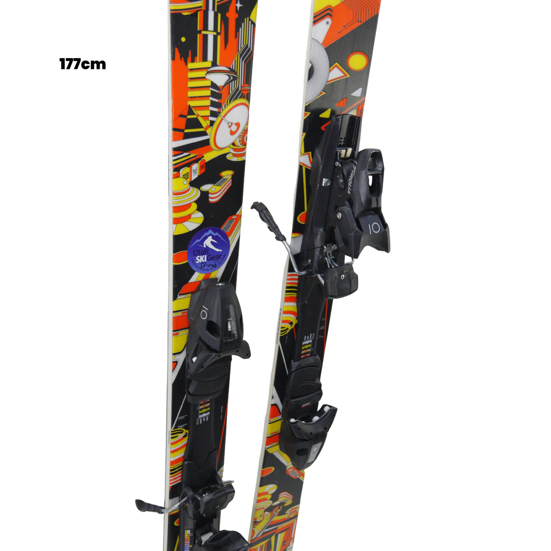 Colorful skis with bindings on a white background, featuring Utah Ski Gear branding.