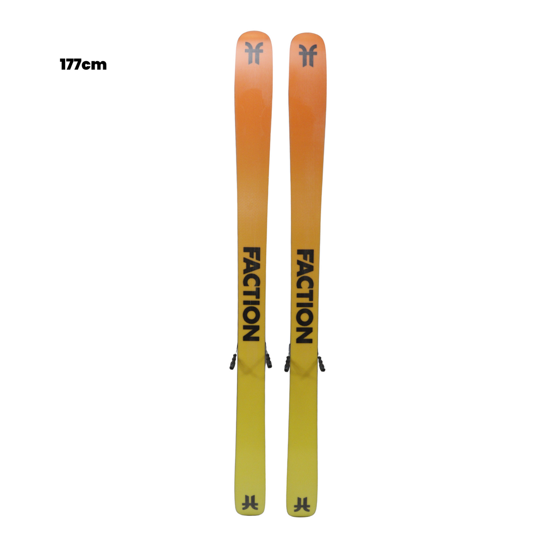 Two Faction skis with a gradient color scheme on a white background, featuring the brand logo.