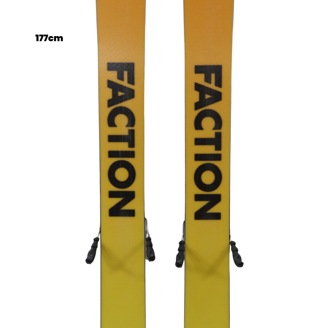 Two yellow Faction skis with black text on a white background