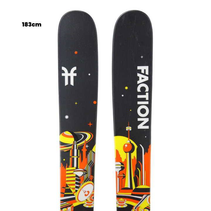 Two Faction skis with a colorful design on a white background