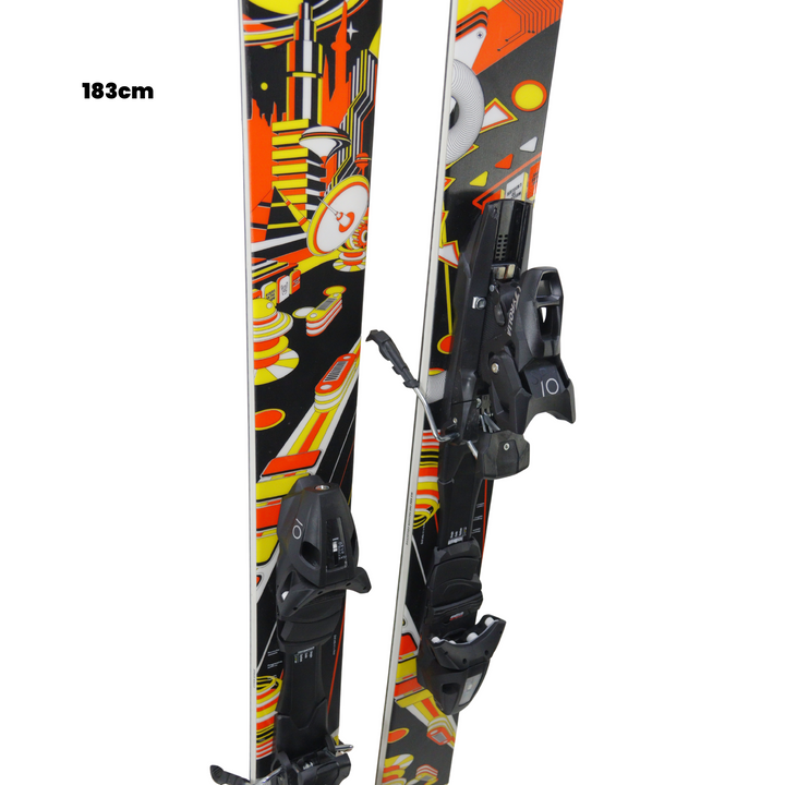Colorful skis with bindings on a white background, featuring 'Utah Ski Gear' branding.