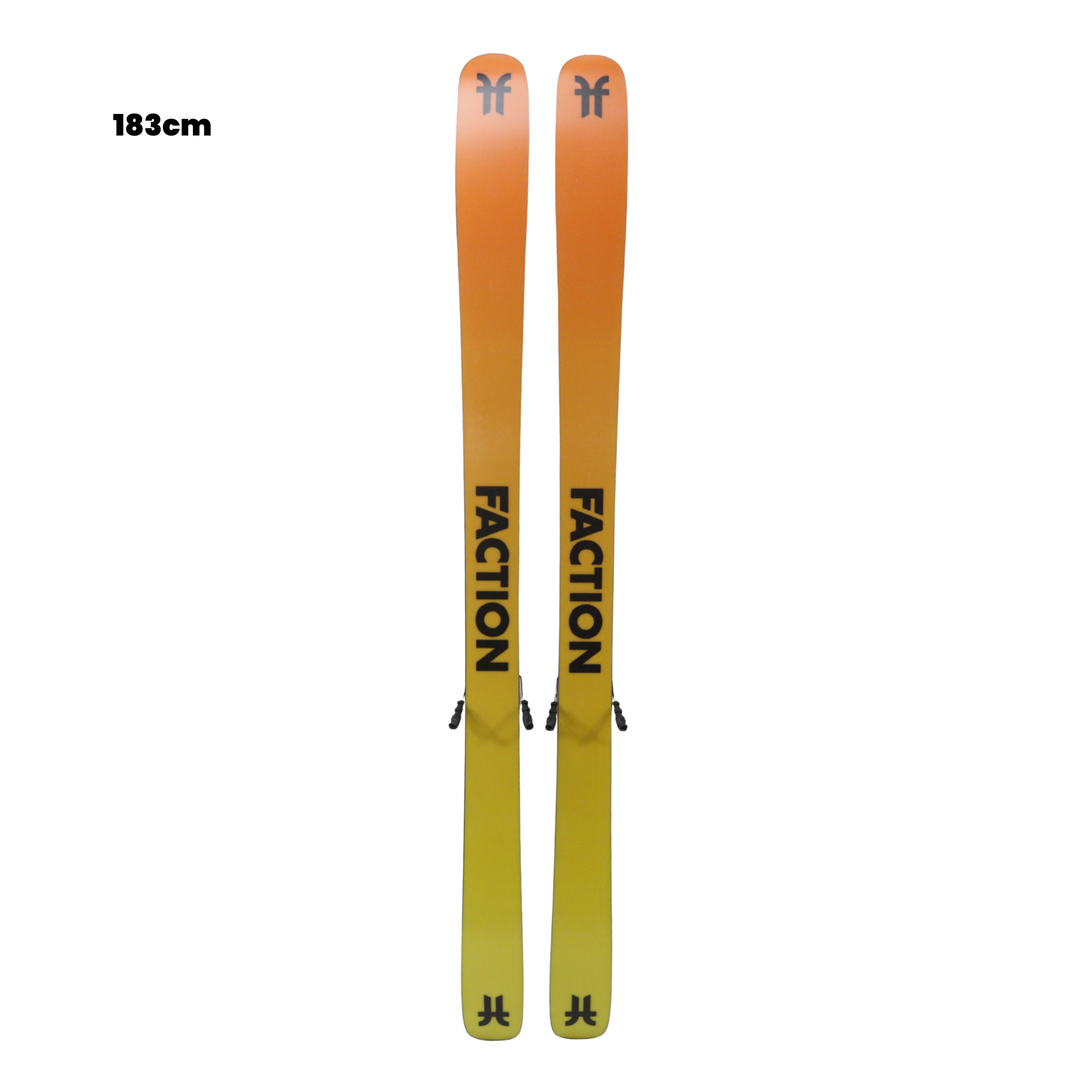 Two skis with ' Faction' branding on a white background, featuring a gradient color scheme.