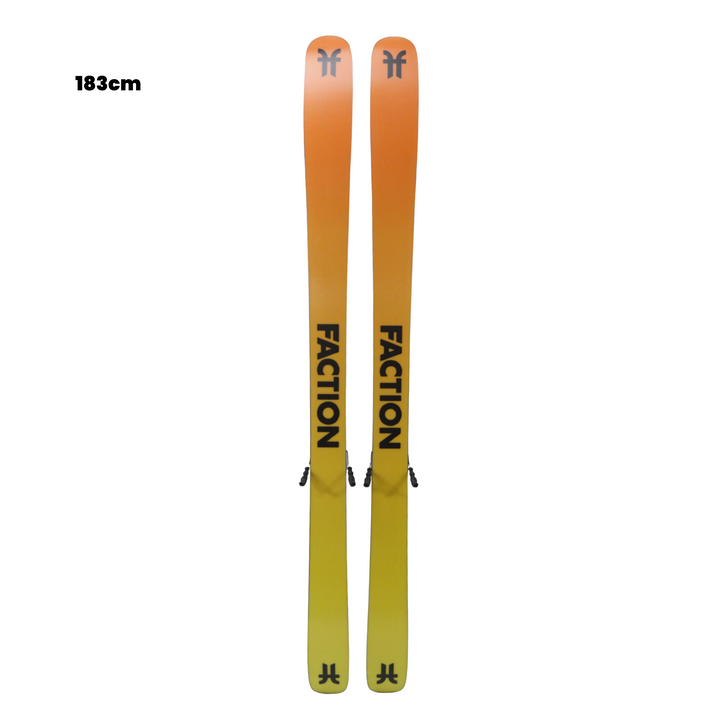 Two skis with ' Faction' branding on a white background, featuring a gradient color scheme.