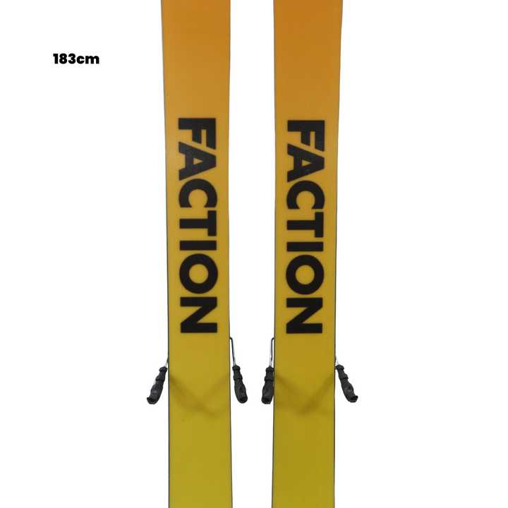 Two yellow Faction skis with black text on a white background, featuring the Utah Ski Gear logo.